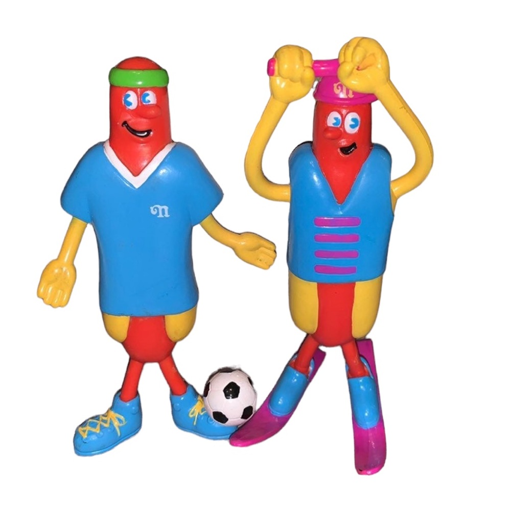 Lot of 2 Nathan's Hot Dog Soccer and  Skiing Rubber Bendy‎  5" Figures 1994 EUC